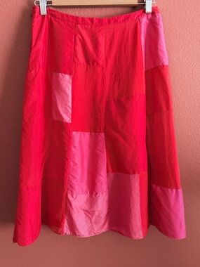 Parkchoonmoo Red & Pink Silk Patchwork Midi Skirt Size 6 Measurements Provided